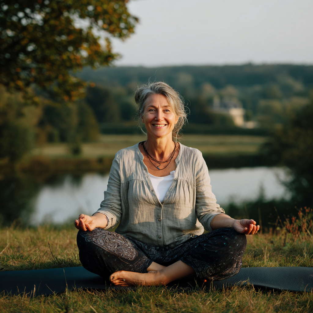 Smiling middle-aged Polish woman practicing yoga in peaceful outdoor setting with traditional Polish landscape in background