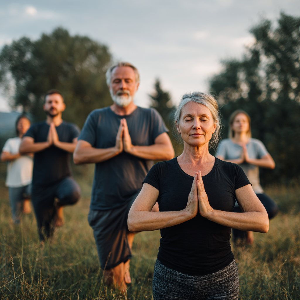 Happy Polish office worker in their 40s practicing gentle desk yoga stretches in modern office environment